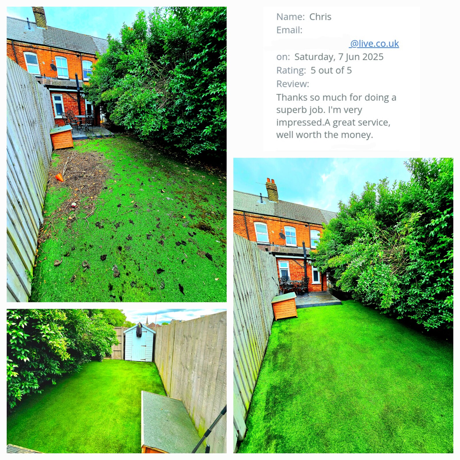 Artificial grass before and after a SafeTouch clean, with a 5-star customer review from Chris